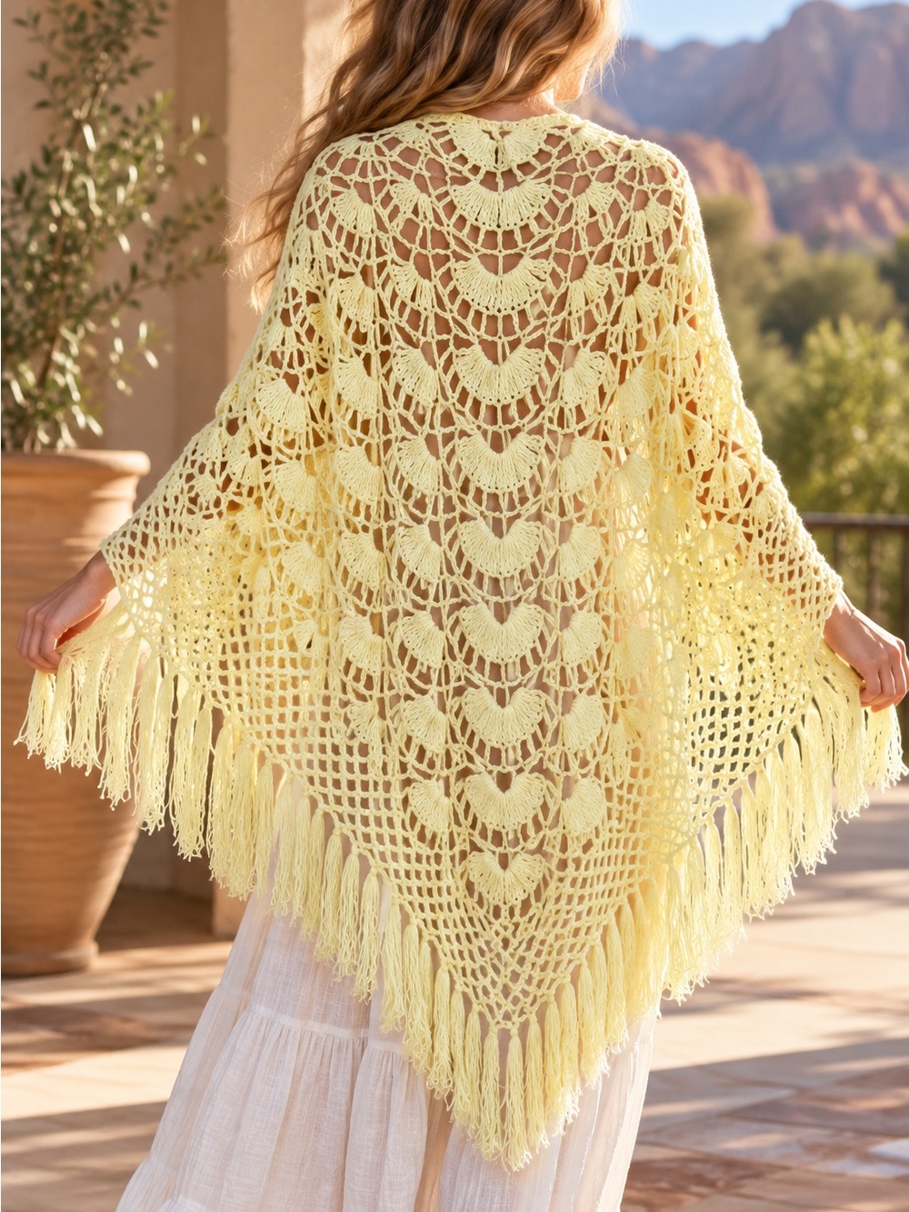 Handmade Lightweight Yellow Crochet Fringe Shawl